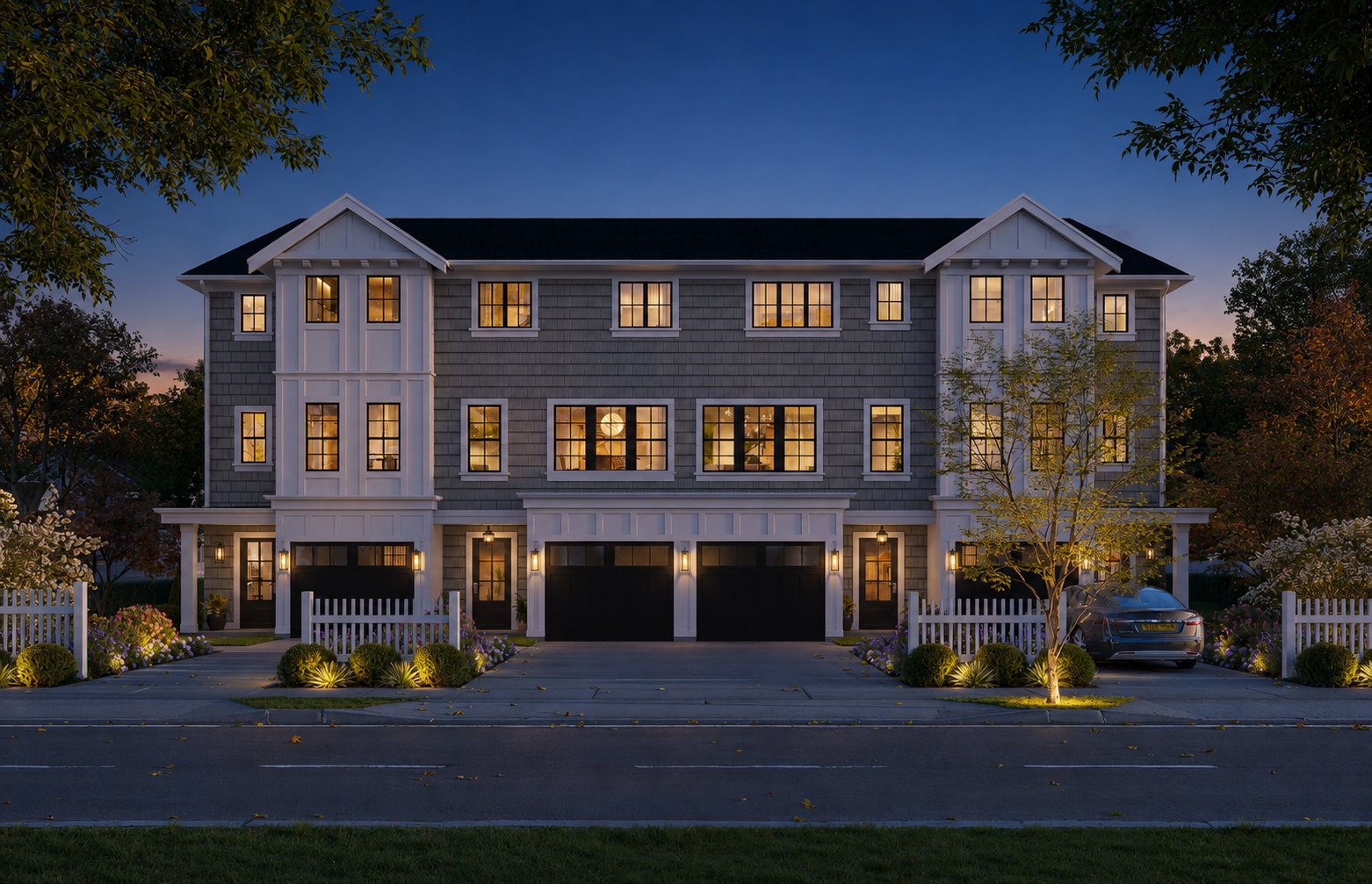 Twilight exterior rendering of Magnolia townhomes at dusk