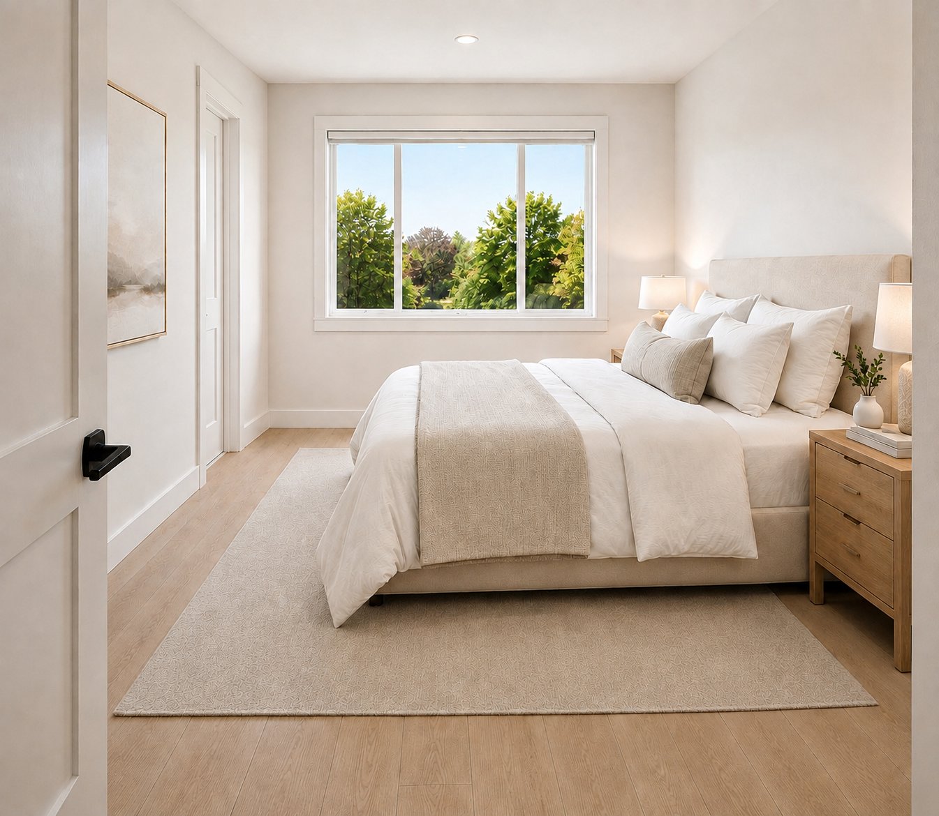 Primary bedroom with large windows and calm, neutral finishes