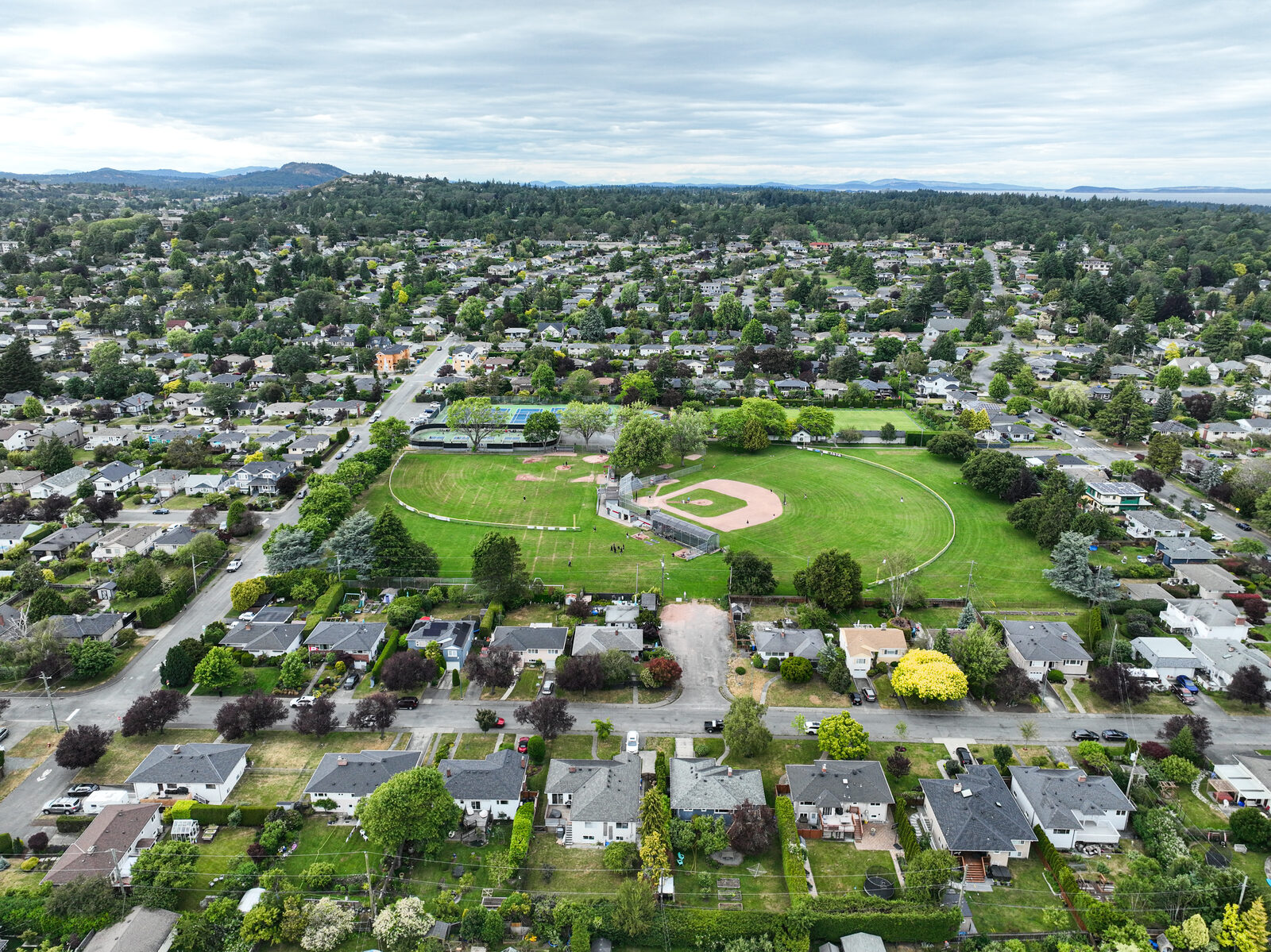 Aerial view of Carnarvon Park ball diamond and surrounding green space in Oak Bay.