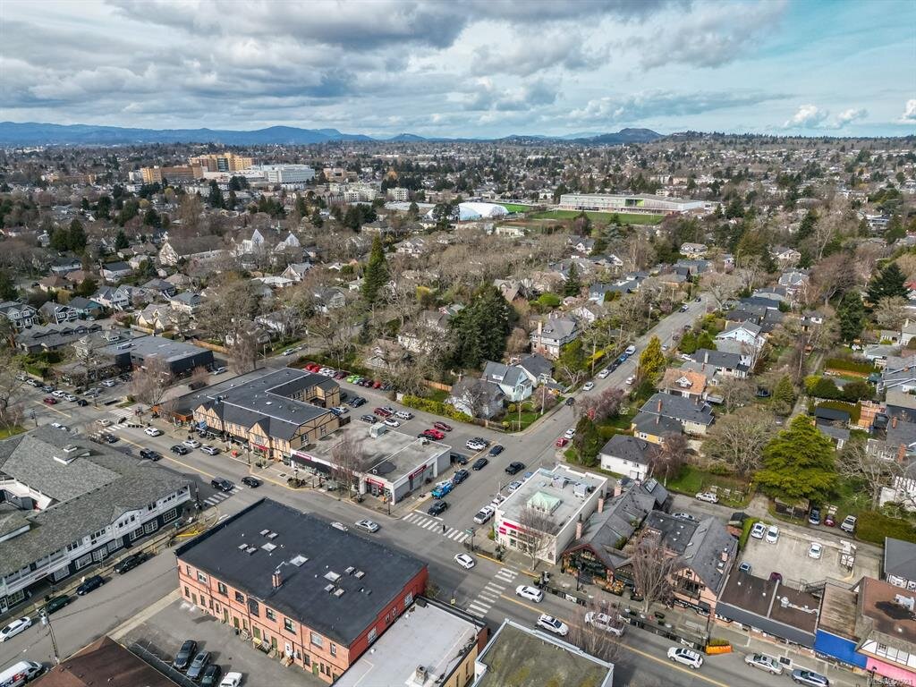Aerial view of Oak Bay Village shops along Oak Bay Avenue with mountains in the distance.