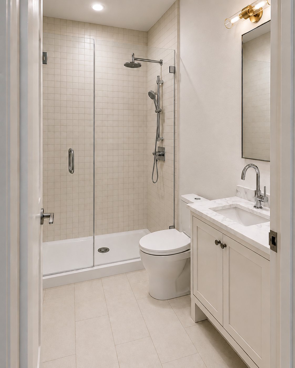 Spa-inspired ensuite with quartz vanity and porcelain tile