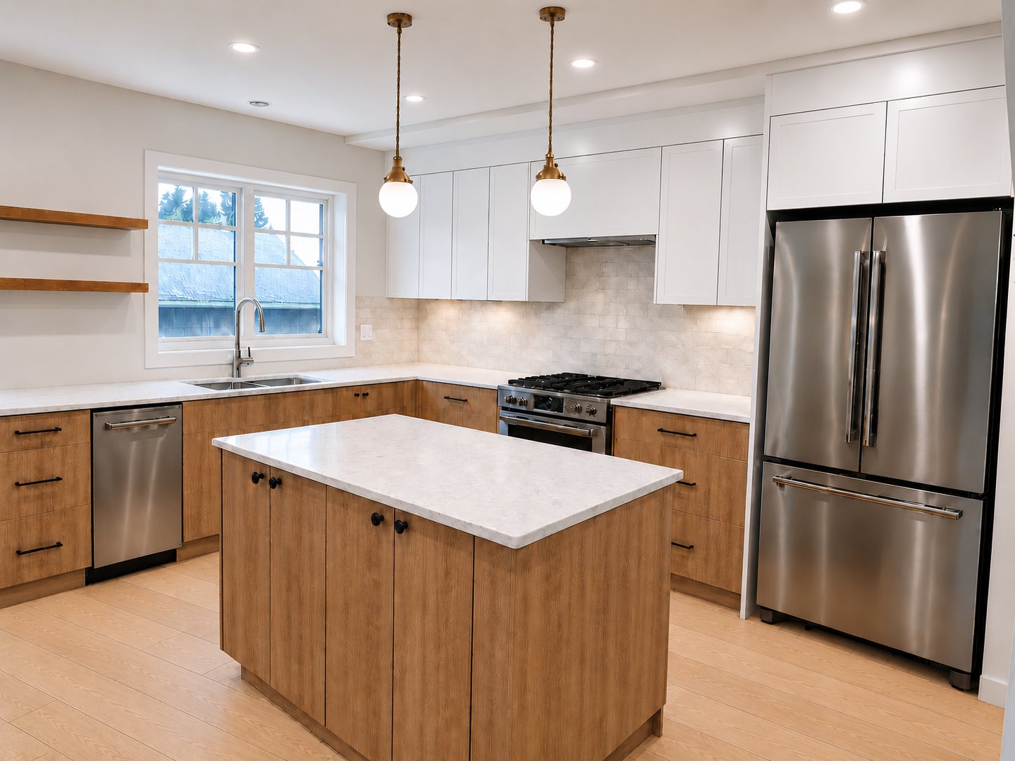 Chef's kitchen with white oak cabinetry, quartz island, and brass pendant lighting